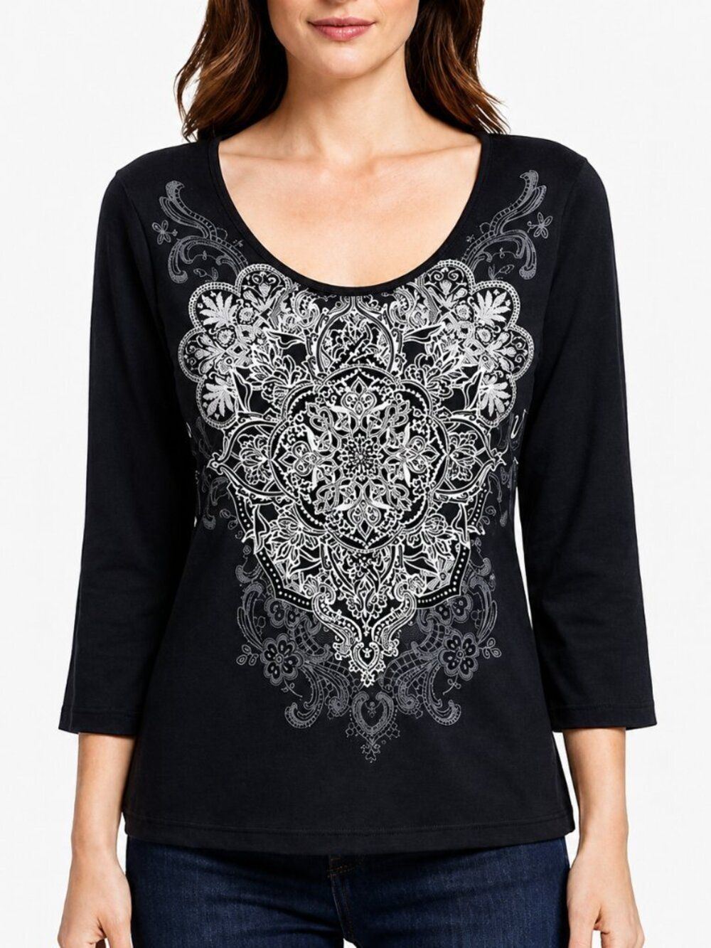 Chico’s Zenergy Tee Size 1 Medium Black Paisley Embellished *